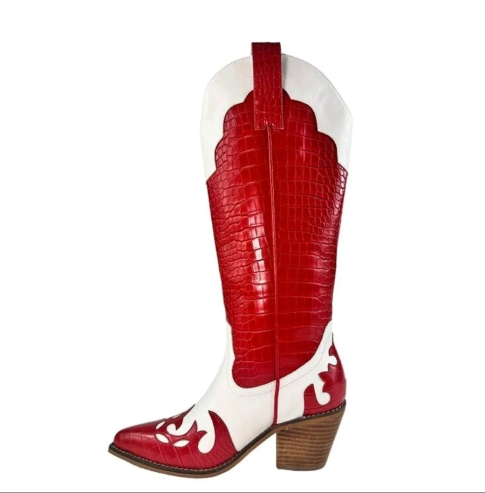 NEW WOMENS KNEE-HI EMBORDGED CROCO PRINTED STACKED HEEL POINTED TOE BOOTS - Picture 2 of 6